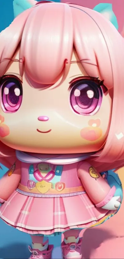 Adorable pink-haired character with a colorful background and anime style.