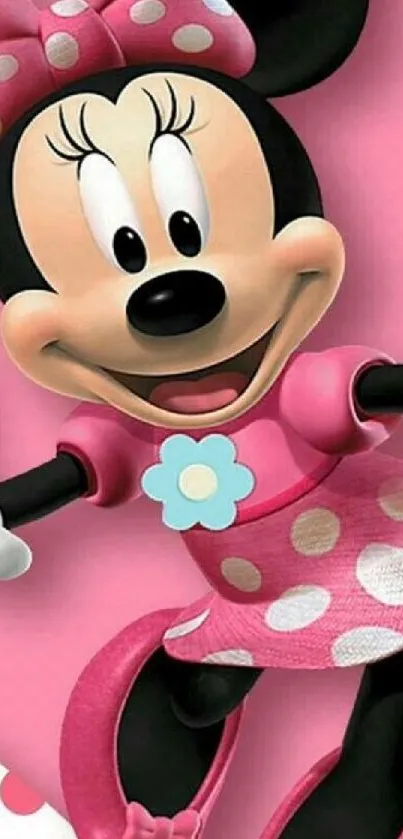 Cartoon character in a pink polka dot dress on a vibrant background.