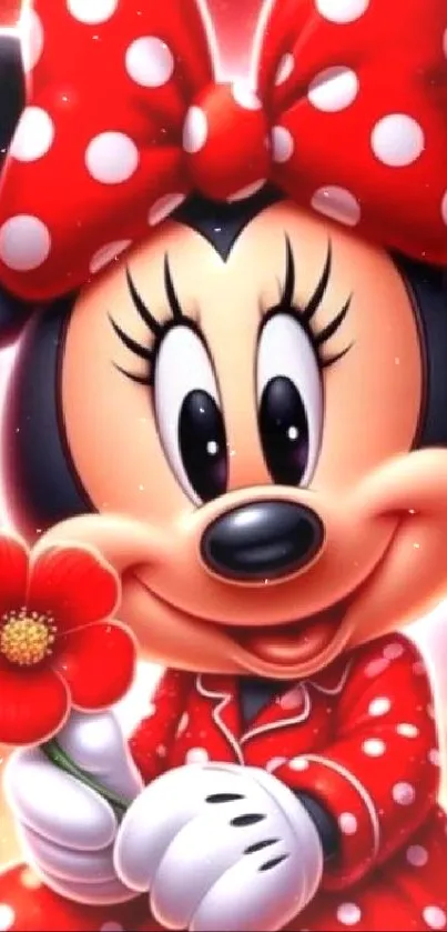 Cartoon mouse with red polka dot bow and flower.