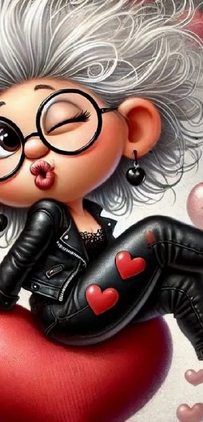 Cute cartoon character sitting on a heart with a playful wink.