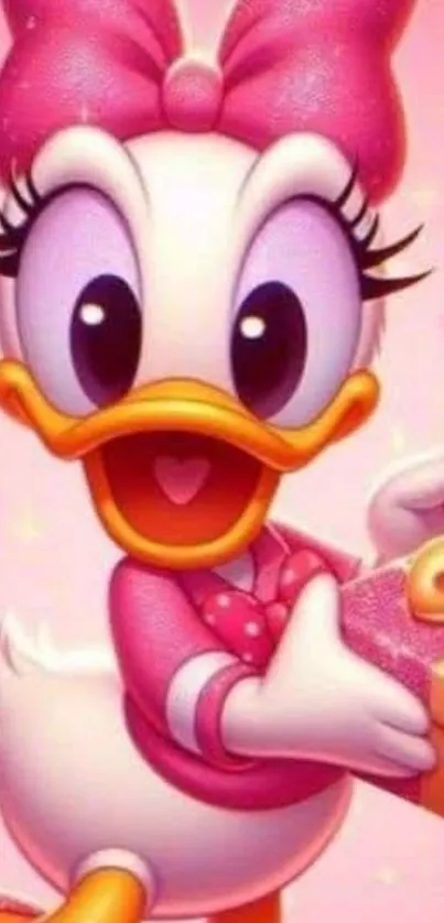 Cheerful pink cartoon duck holding a gift with pink heart background.