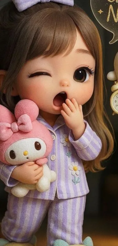 Adorable cartoon character in pajamas holding a stuffed toy with a playful expression.