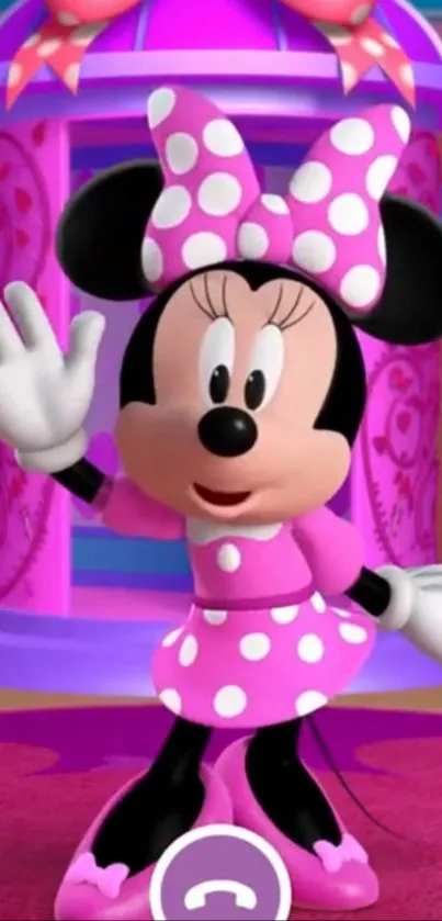 Cartoon mouse in a pink polka-dot dress waves cheerfully.