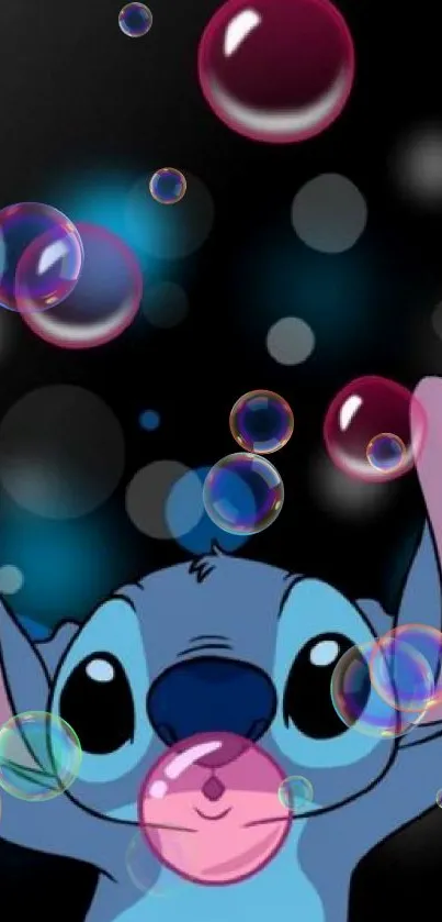 Cute blue cartoon character with bubbles on a dark background.