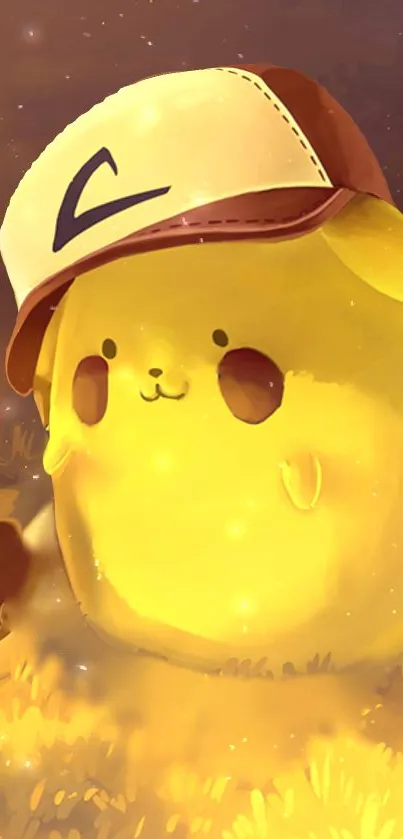 Cute yellow cartoon character wearing a hat, glowing warmly.