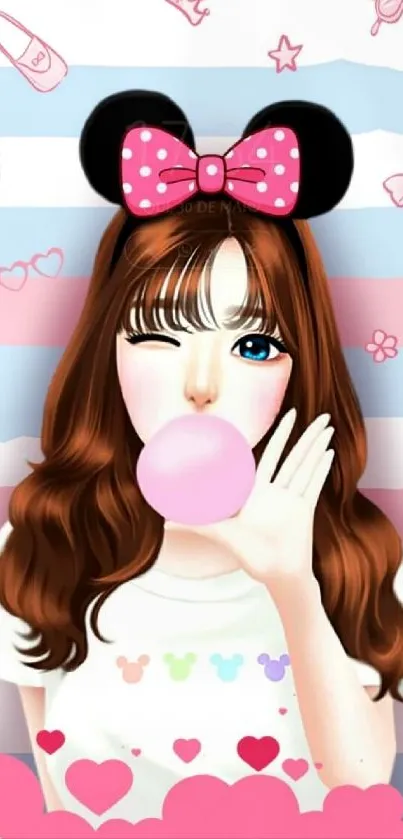 Cute cartoon girl with bubblegum on striped background.