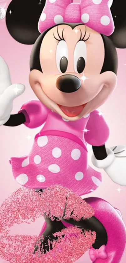 Cute cartoon character in pink dress on wallpaper.