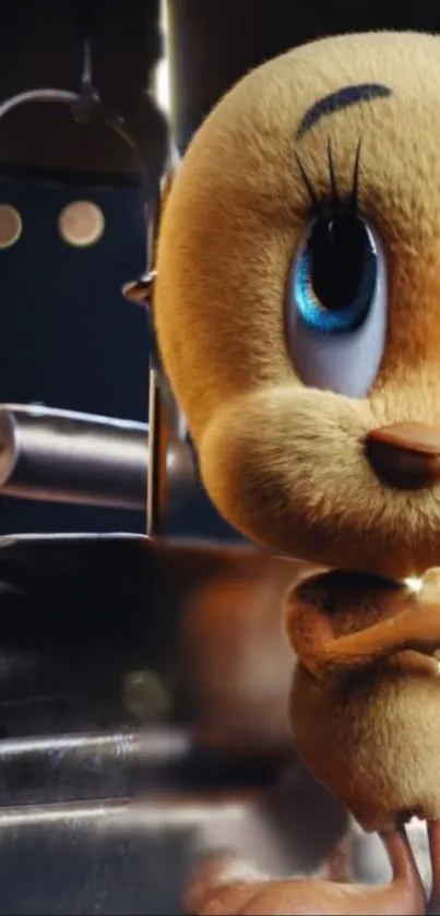 Cute cartoon character with blue eyes and yellow fur on wallpaper.