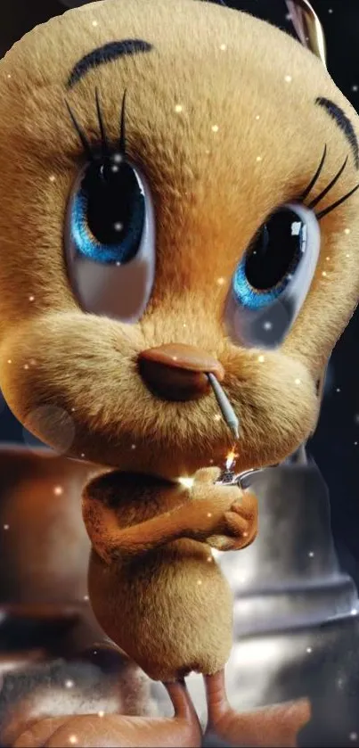Adorable cartoon character with big blue eyes and a warm glow background.
