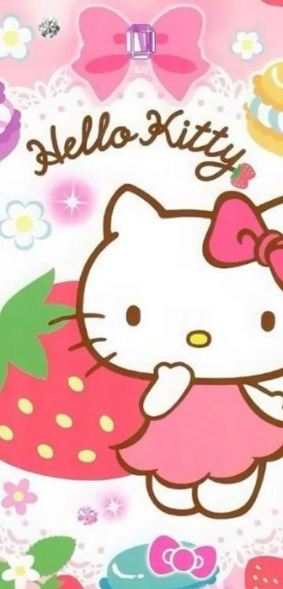 Cute cartoon character wallpaper with pink background and strawberries.