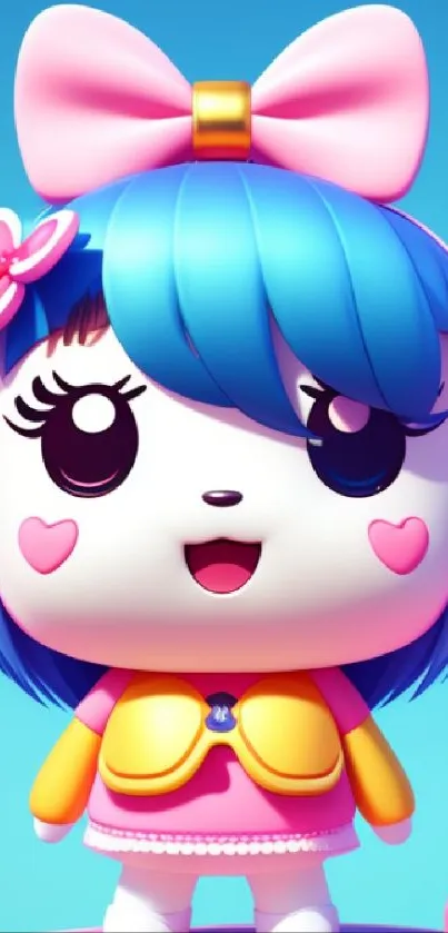 Cute cartoon character with blue hair and pink bow on vibrant background.