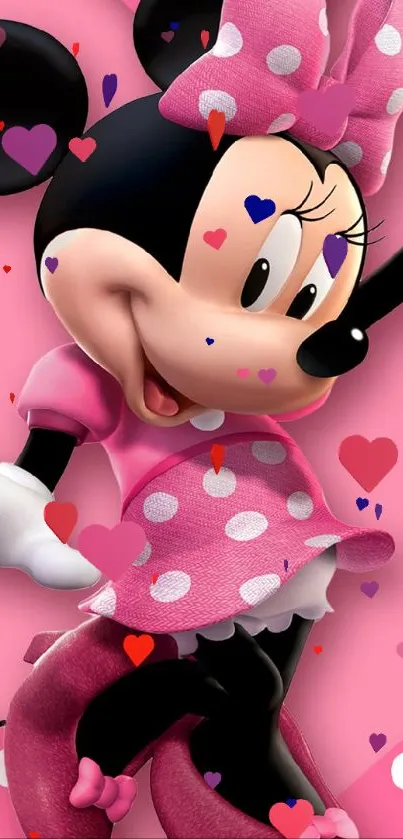 Cute cartoon mouse in pink polka-dot dress wallpaper.