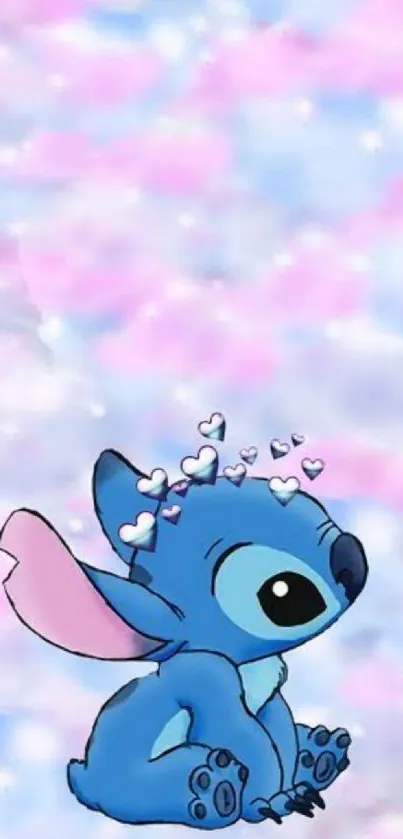 Cute cartoon character with blue and pink pastel background and hearts