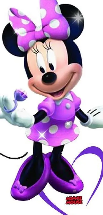 Minnie Mouse in a purple dress with polka dots on a white background.