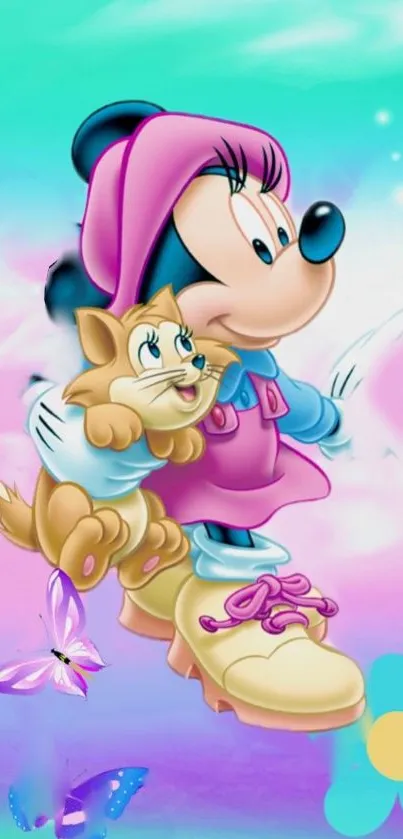 Cute cartoon character wallpaper with pink and blue colors.