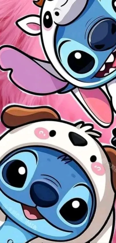 Cartoon characters dressed in animal costumes on a pink background.