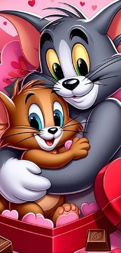 Adorable cartoon duo hugging with pink hearts and roses around.