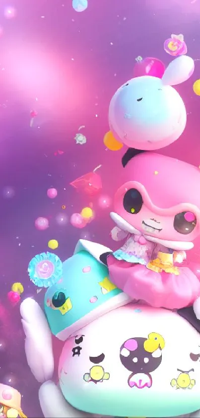 Cute pink cartoon characters in a colorful, playful mobile wallpaper.