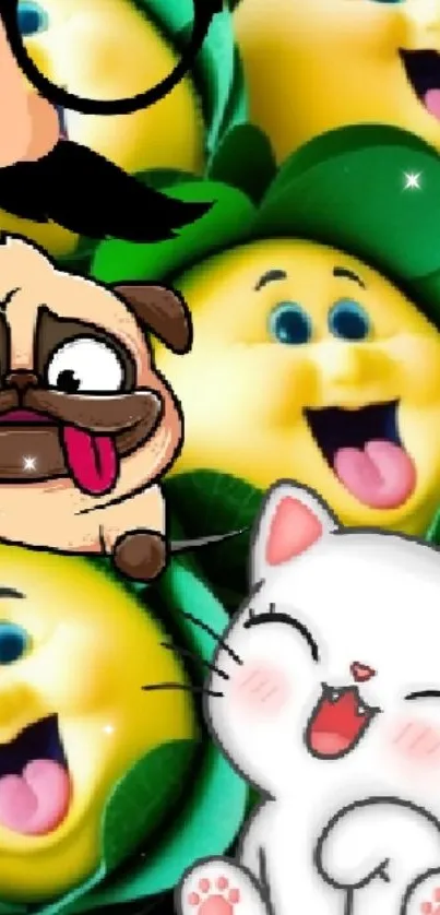 Cute cartoon characters with lemons, a pug, and a cat.