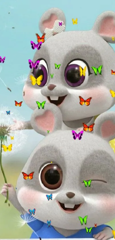 Cute cartoon mouse characters playing with dandelions in vibrant colors.