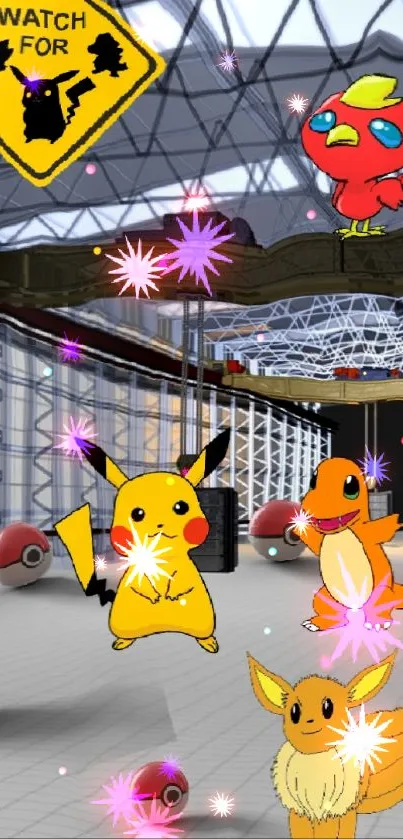 Cartoon characters in industrial setting wallpaper.