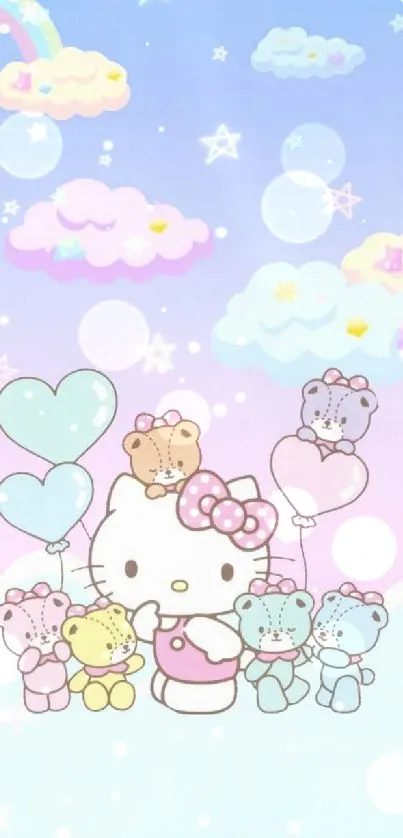 Cute cartoon characters with pastel clouds and rainbow.