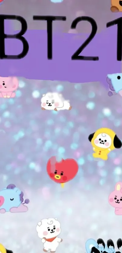 BT21 cartoon characters on a colorful purple background