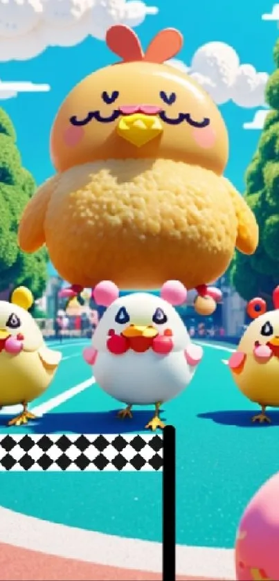 Cute cartoon chickens racing with vibrant colors.