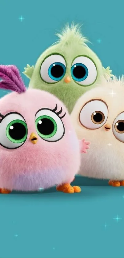 Cute cartoon chicks with teal background.
