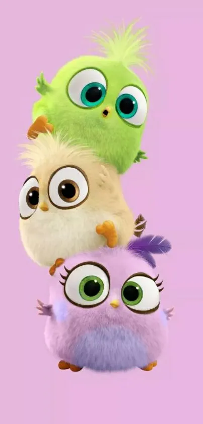 Stack of cute cartoon chicks on light pink background.