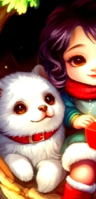 Cute Christmas cartoon with child and puppy.