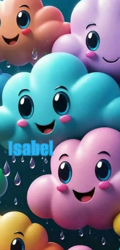 Cute cartoon clouds with smiling faces and raindrops.