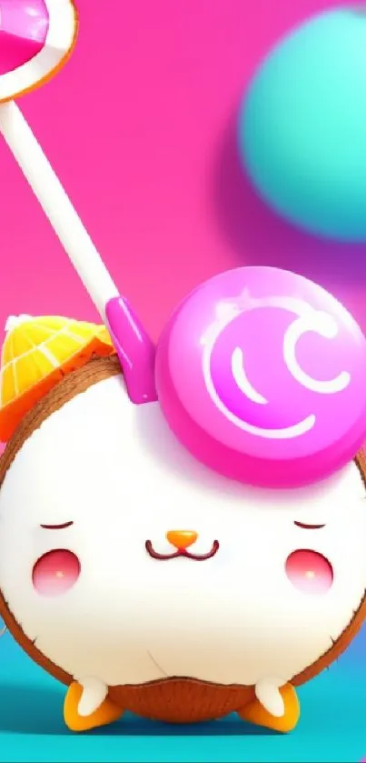 Cute coconut cartoon with candy on a vibrant pink background.