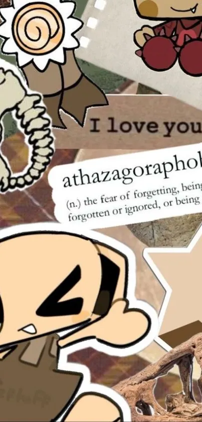 Whimsical cartoon collage with cute characters and text.