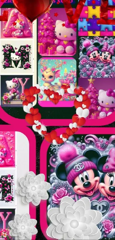 Cute cartoon collage wallpaper with pink theme.