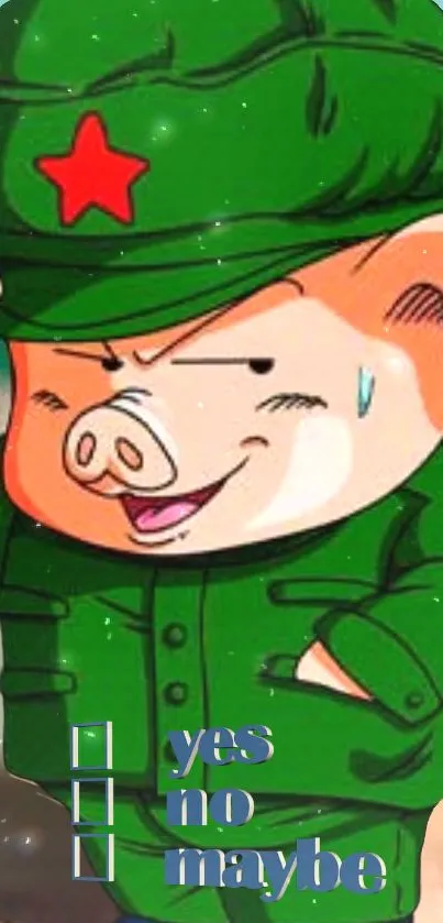 Cartoon pig in green commander uniform with a playful expression.