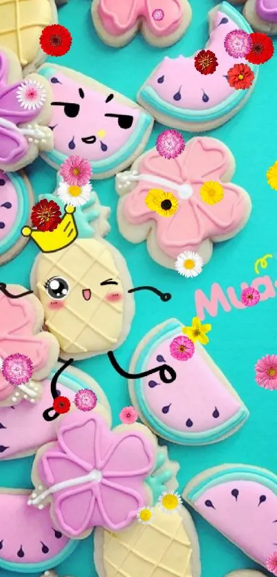 Cartoon cookies with pastel colors, playful design.