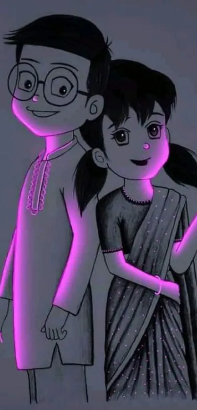 Cute cartoon couple with pink glow holding flowers.