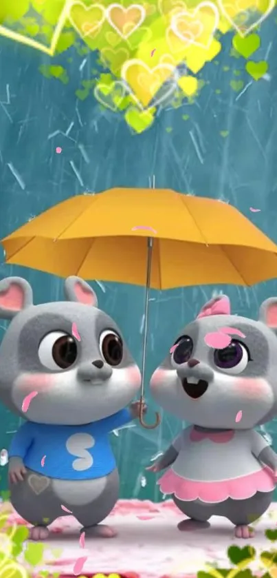 Cute cartoon animals under a yellow umbrella with heart motifs.