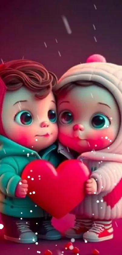 Adorable cartoon couple holding a heart, perfect for a cute mobile wallpaper.