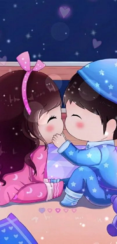 Cute cartoon couple in pajamas with a cozy, colorful background.