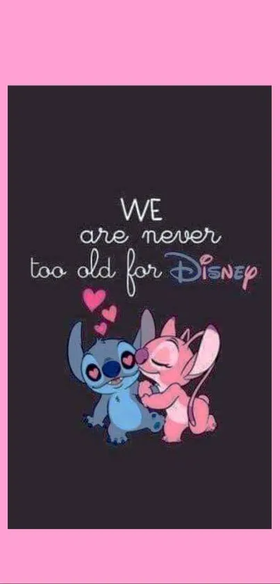 Cute cartoon couple with Disney text and pink background.