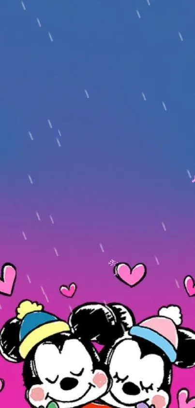 Cartoon couple with hearts on blue pink gradient background.