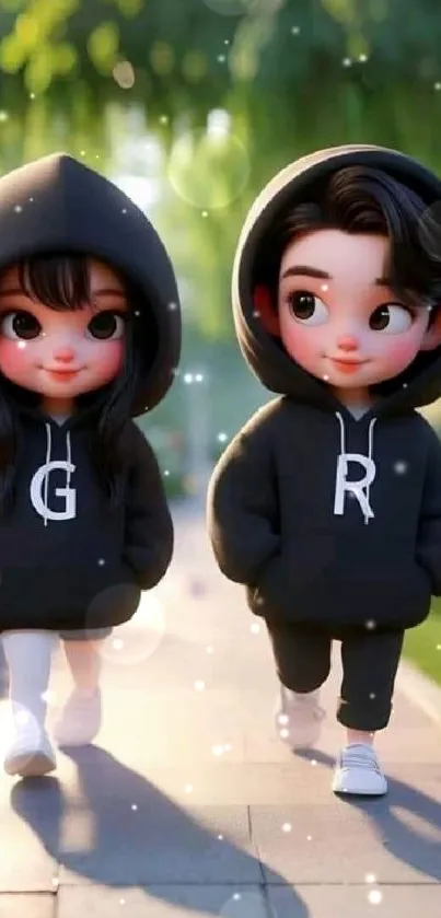 Adorable cartoon couple in hoodies walking on a sunny path with a green background.