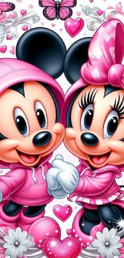 Cute cartoon couple with pink hoodies, hearts, and butterflies wallpaper.