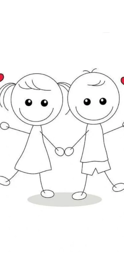 Cute cartoon couple with red hearts and white background mobile wallpaper.