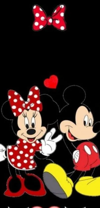 Adorable cartoon couple on black wallpaper with heart accents.