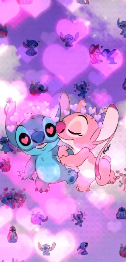 Cartoon love wallpaper with cute blue and pink creatures on a purple sky background.