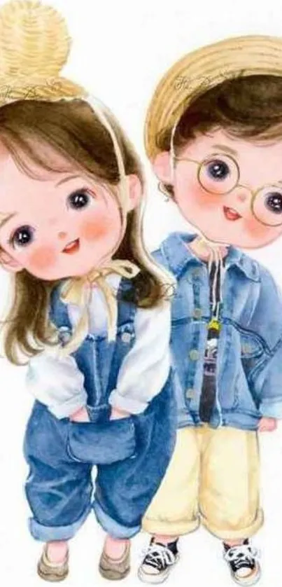 Cute cartoon couple with big eyes and denim outfits.