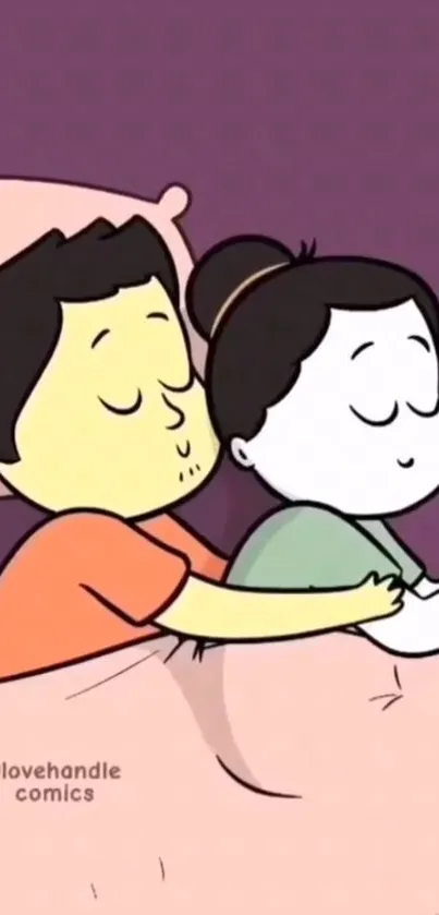 Cartoon couple cuddling in bed, cute wallpaper.